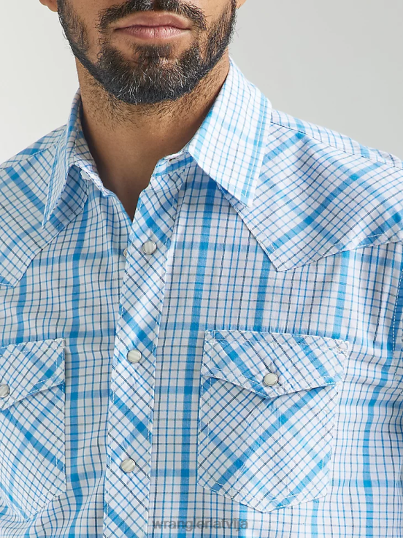 Baby Blue 20x sacensību uzlabota komforta krekls ar garām piedurknēm ar divām kabatām rietumu rūtainu kreklu vīriešiem apģērbs Wrangler BFNTB491