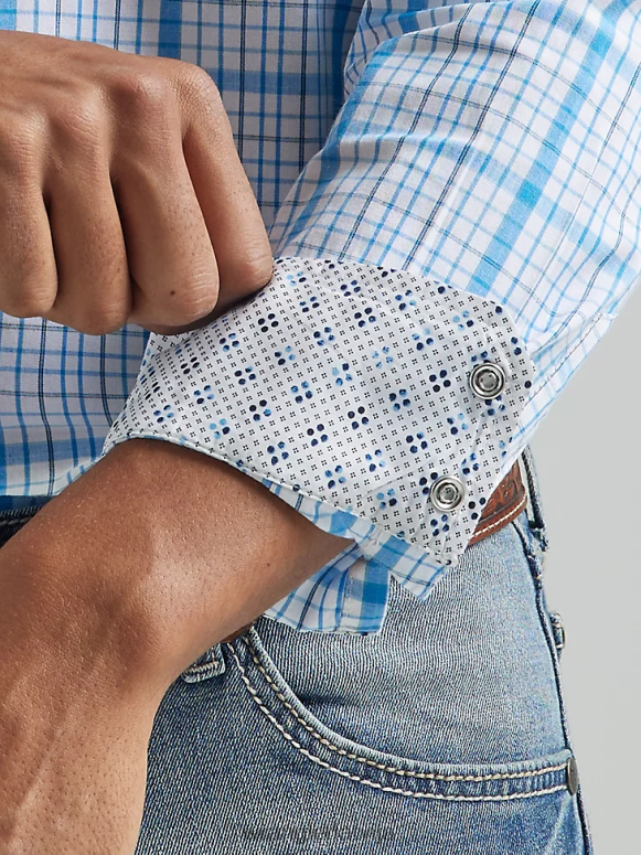 Baby Blue 20x sacensību uzlabota komforta krekls ar garām piedurknēm ar divām kabatām rietumu rūtainu kreklu vīriešiem apģērbs Wrangler BFNTB491