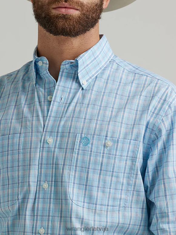 Baby Blue Džordža šaurums ar garām piedurknēm pogu uz leju divu kabatu rūtainu kreklu vīriešiem apģērbs Wrangler BFNTB323
