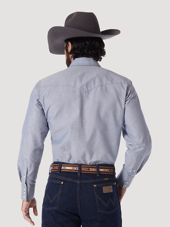 Chambray kovboju piegriezuma darba rietumu stingra džinsa krekls ar garām piedurknēm vīriešiem apģērbs Wrangler BFNTB440