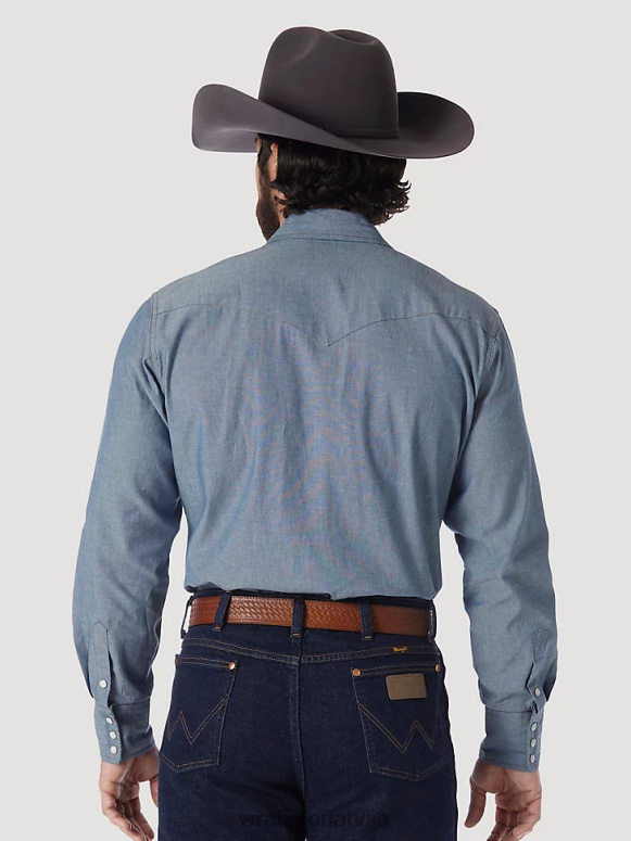 Chambray kovboju piegriezuma darba rietumu stingra džinsa krekls ar garām piedurknēm vīriešiem apģērbs Wrangler BFNTB441