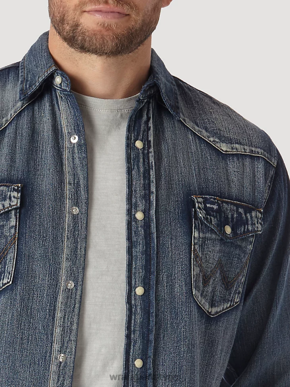 antīki zils kovboju piegriezuma darba krekls ar garām piedurknēm vīriešiem apģērbs Wrangler BFNTB408