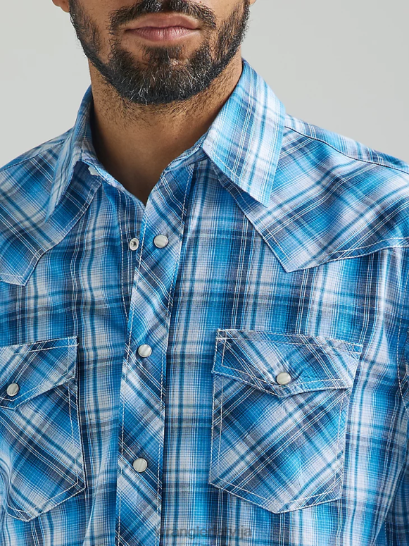 azul 20x sacensību uzlabota komforta krekls ar garām piedurknēm ar divām kabatām rietumu rūtainu kreklu vīriešiem apģērbs Wrangler BFNTB493