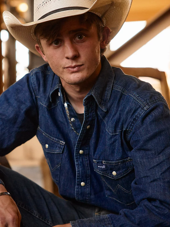 tumšs džinss kovboju piegriezuma darba krekls ar garām piedurknēm vīriešiem apģērbs Wrangler BFNTB406