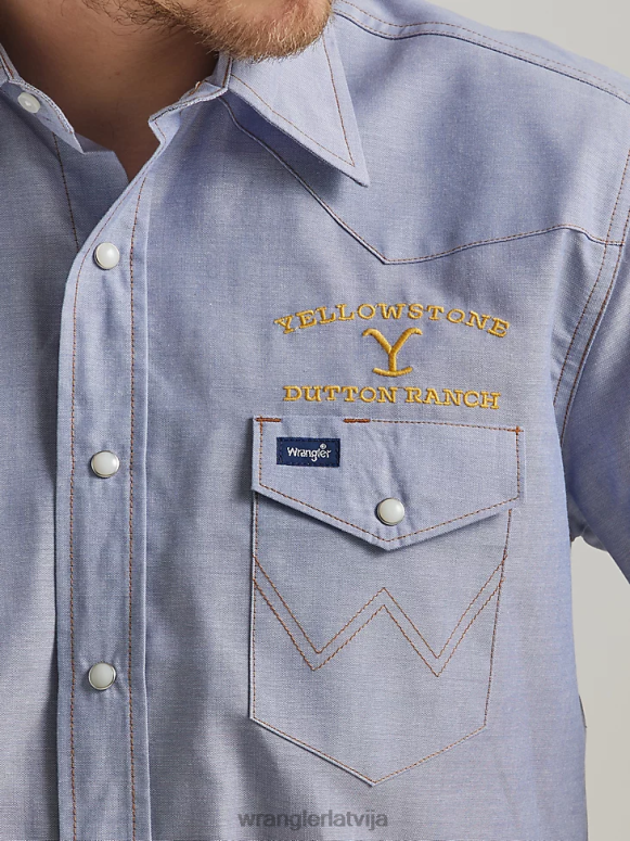 indigo chambray šambra darba krekls ar īsām piedurknēm vīriešiem apģērbs Wrangler x Yellowstone BFNTB506