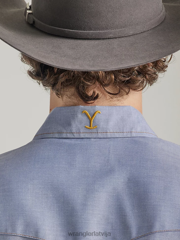 indigo chambray šambra darba krekls ar īsām piedurknēm vīriešiem apģērbs Wrangler x Yellowstone BFNTB506