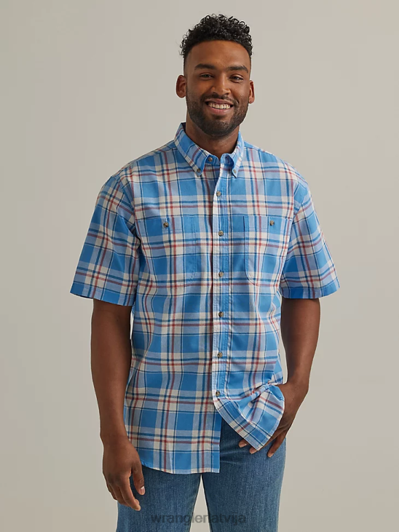 jūras zils izturīgs krekls ar īsām piedurknēm viegli kopjams rūtains pogāms krekls vīriešiem apģērbs Wrangler BFNTB344