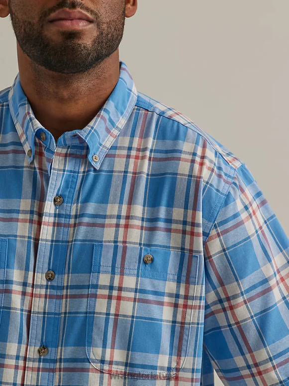 jūras zils izturīgs krekls ar īsām piedurknēm viegli kopjams rūtains pogāms krekls vīriešiem apģērbs Wrangler BFNTB344