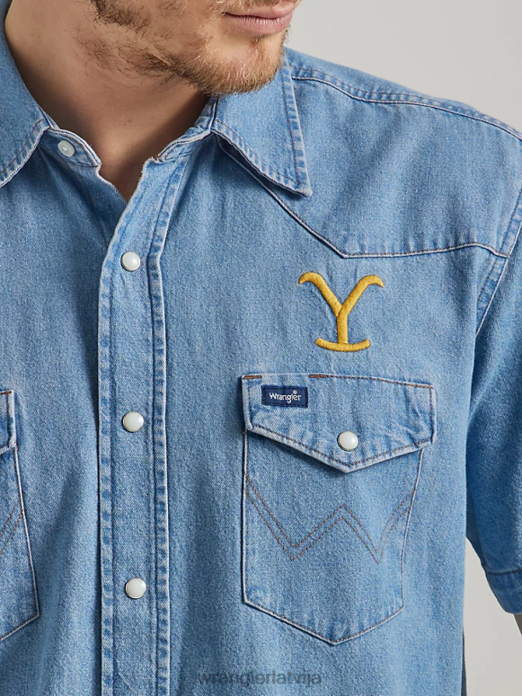 stonewash indigo šambra darba krekls ar īsām piedurknēm vīriešiem apģērbs Wrangler x Yellowstone BFNTB505