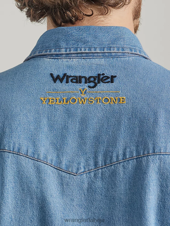 stonewash indigo šambra darba krekls ar īsām piedurknēm vīriešiem apģērbs Wrangler x Yellowstone BFNTB505