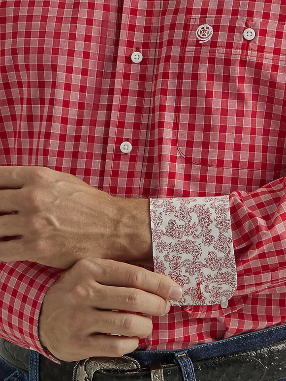 sārti sarkans pleds Džordža šauruma poga ar garām piedurknēm vienā kabatas rūtainajā krekliņā vīriešiem apģērbs Wrangler BFNTB318