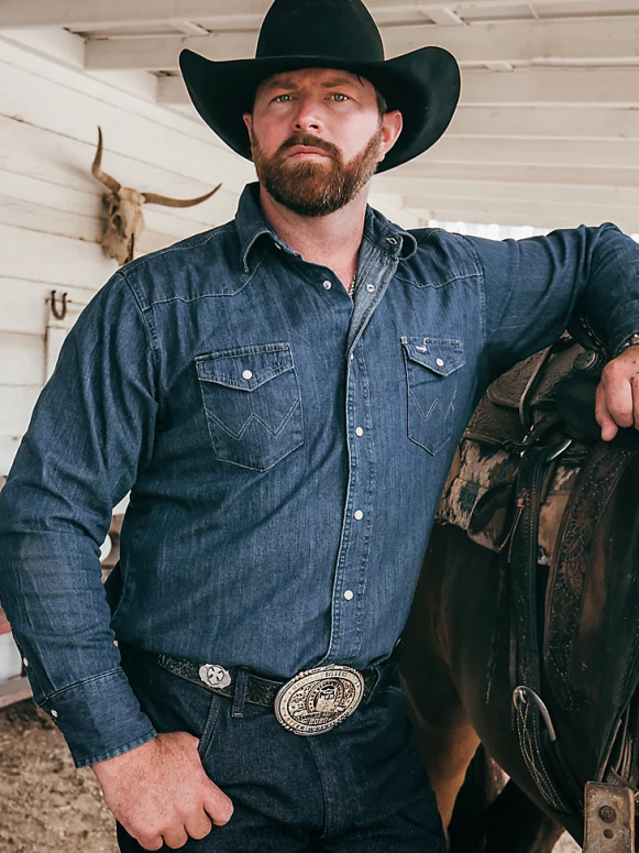tumšs džinss kovboju piegriezuma darba krekls ar garām piedurknēm vīriešiem apģērbs Wrangler BFNTB406
