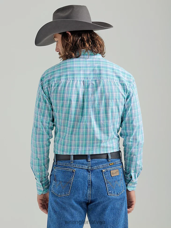 zilganzaļa ziedu Džordža šauruma poga ar garām piedurknēm vienā kabatas rūtainajā krekliņā vīriešiem apģērbs Wrangler BFNTB315