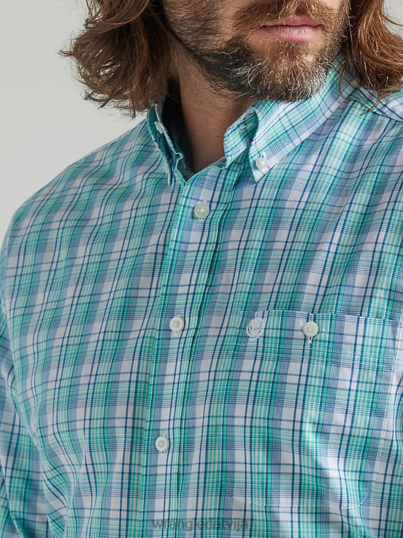 zilganzaļa ziedu Džordža šauruma poga ar garām piedurknēm vienā kabatas rūtainajā krekliņā vīriešiem apģērbs Wrangler BFNTB315